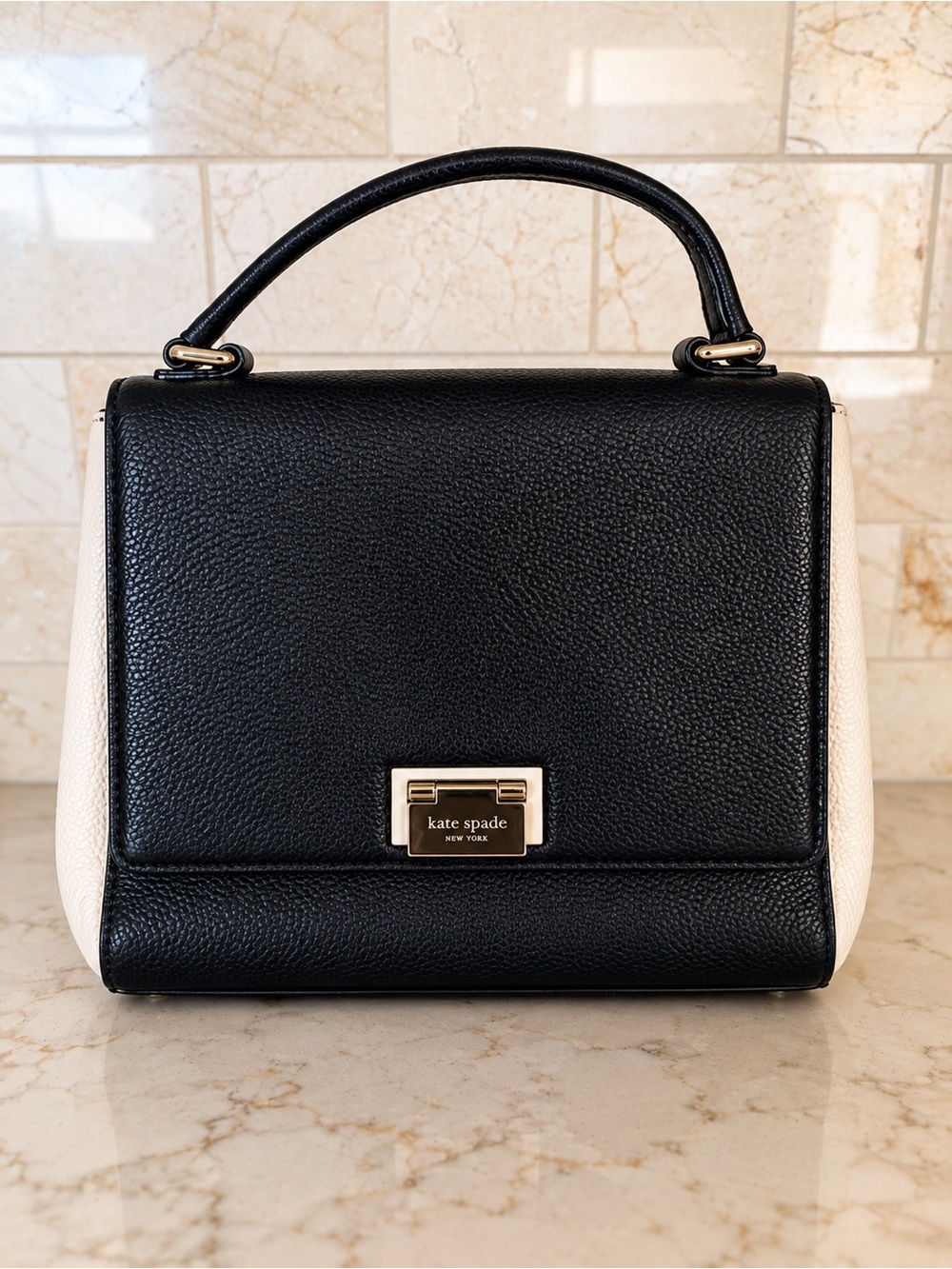 kate spade Black and Cream Pebbled Leather Top-Handle Satchel